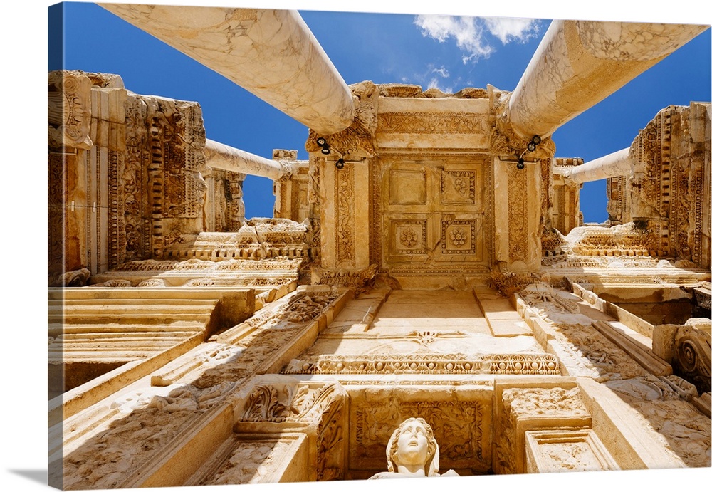 Library of Celsus, Ruins of ancient Ephesus, Selcuk, Izmir Province, Turkey. Bottom to top view.