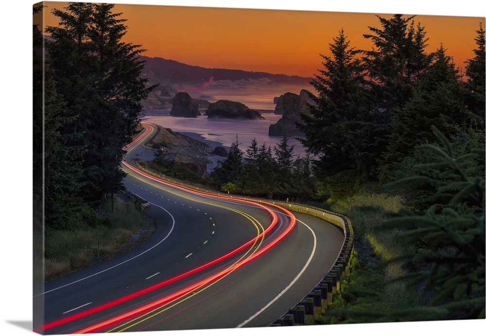 Light Trails Along Coast Road At Sunset, Myers Creek Beach, Oregon