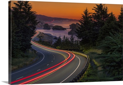 Light Trails Along Coast Road At Sunset, Myers Creek Beach, Oregon