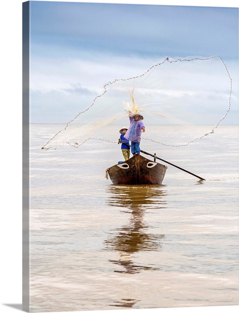 Local Fisherman Casting The Fishing Net from The Boat, Near Hoi AN, Vietnam | Large Solid-Faced Canvas Wall Art Print | Great Big Canvas