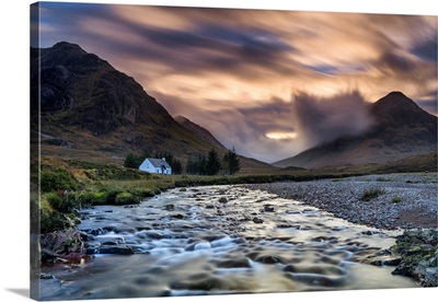 Lone White Cottage By River Coupall, Glen Coe, Highlands, Scotland