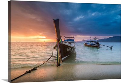 Longtail Boats At Sunset Beach, Ko Lipe, Satun Province, Thailand.