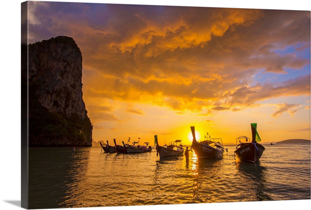 Longtail boats on West Railay beach, Railay Peninsula, Krabi Province, Thailand.