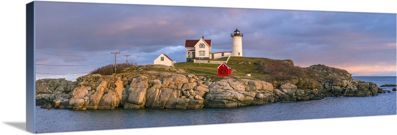 Maine, York Beach, Nubble Light Lighthouse with Christmas decorations ...