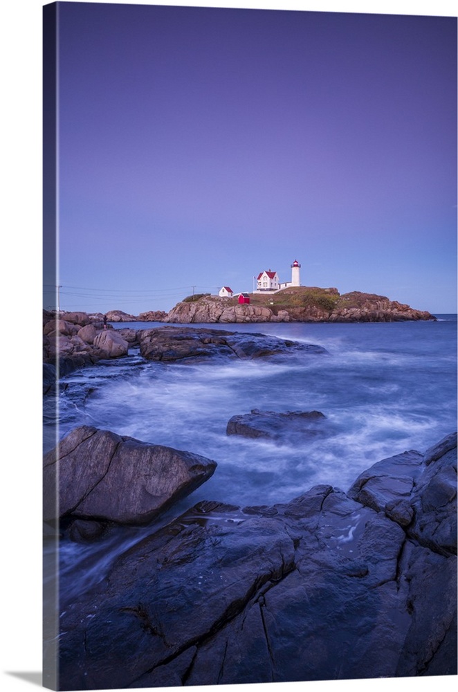 USA, Maine, York, Nubble Light Lighthouse, dusk.