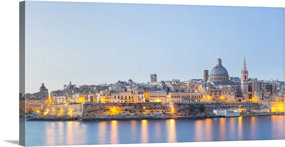Malta, South Eastern Region, Valletta. The view from Sliema across Marsamxett Harbour to Valletta.