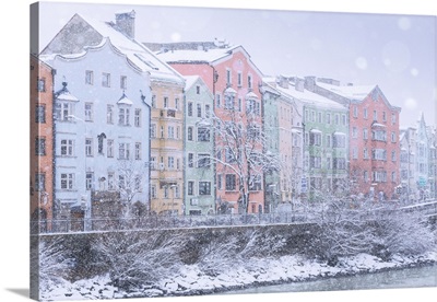 Mariahilf Facades On A Snowy Day, Innsbruck, Tyrol, Austria