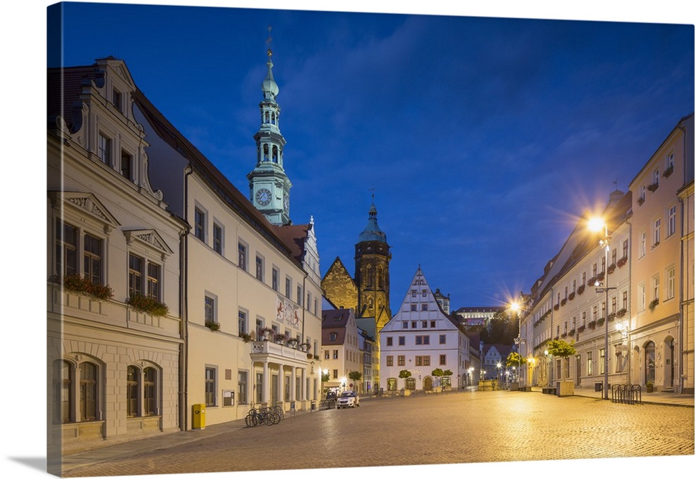 Market Square and St Marien Church at dusk, Pirna, Saxony, Germany.