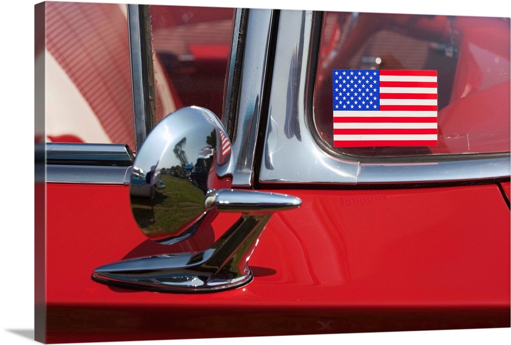 USA, Massachusetts, Cape Ann, Gloucester, antique car show, US flag sticker on windshield of red car