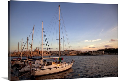 Mediterranean Malta, Yachts parked in a harbour in Tigne with Valletta in the background