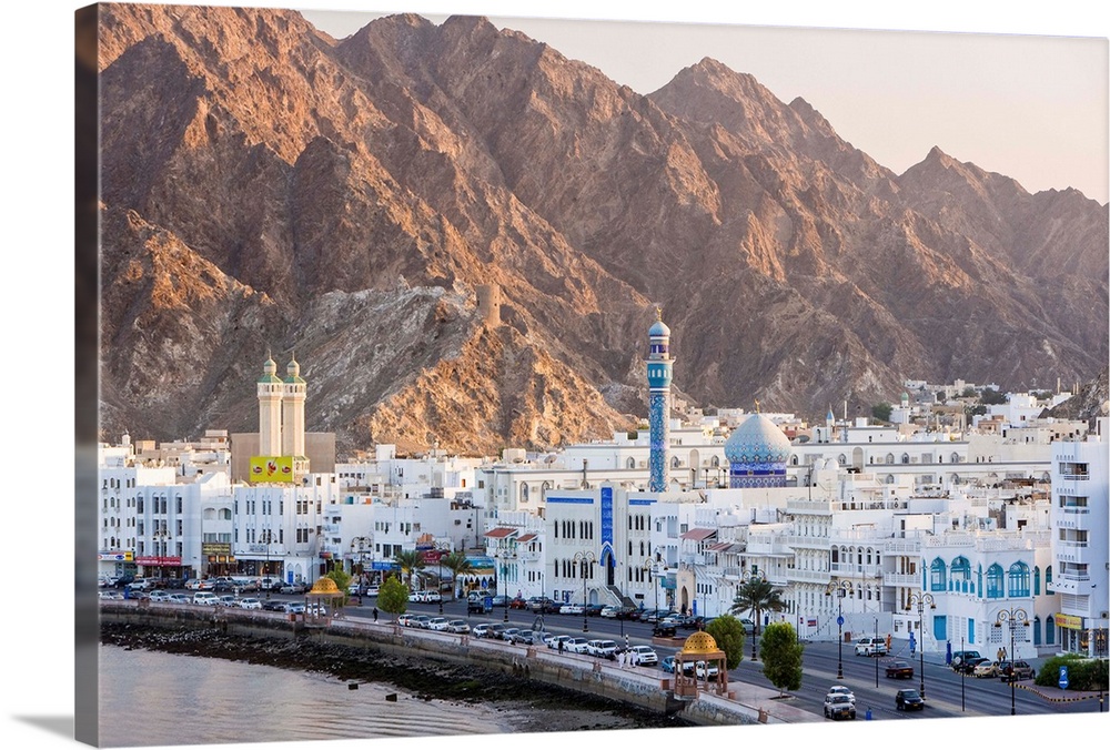 Middle East, Oman, Muscat, Mutrah, elevated view along the Corniche, latticed houses and Mutrah Mosque