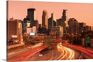 Minnesota, Minneapolis, city skyline from interstate highway I-35W image thumbnail