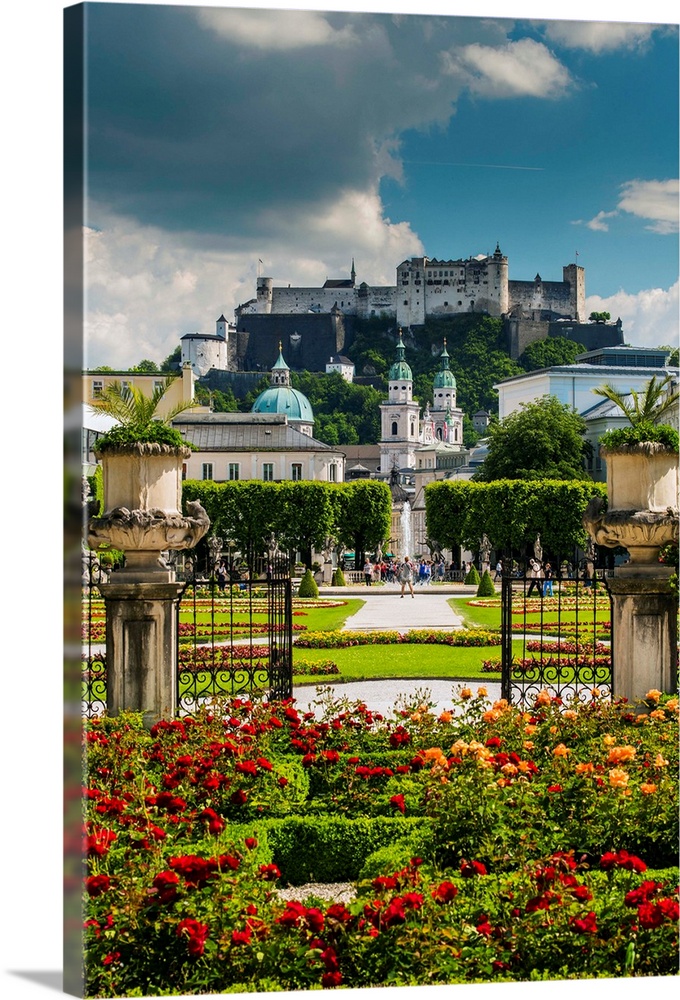 Mirabell gardens with Cathedral and Hohensalzburg castle in the background, Salzburg, Austria.