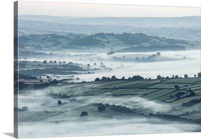 Mist Over Countryside At Dawn Near Brecon, Powys, Wales, UK
