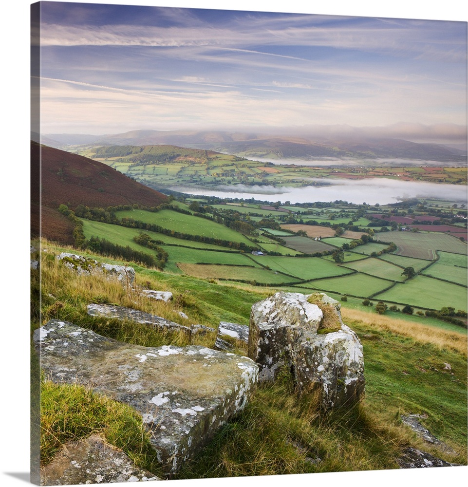 Mist shrouded Llangose Lake and surrounding landscape at dawn, Brecon Beacons National Park, Powys, Wales, UK. Autumn (Oct...