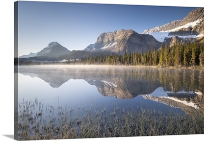 Misty Morning At Bow Lake In The Canadian Rockies, Alberta, Canada