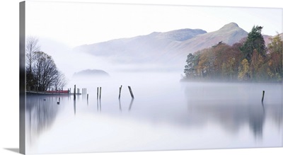 Misty morning on Derwent Water, Keswick, Lake District National Park, Cumbria, England