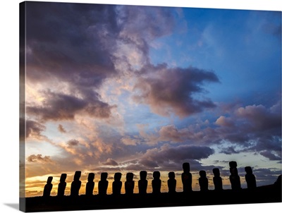 Moais in Ahu Tongariki at sunrise, Rapa Nui National Park, Easter Island, Chile