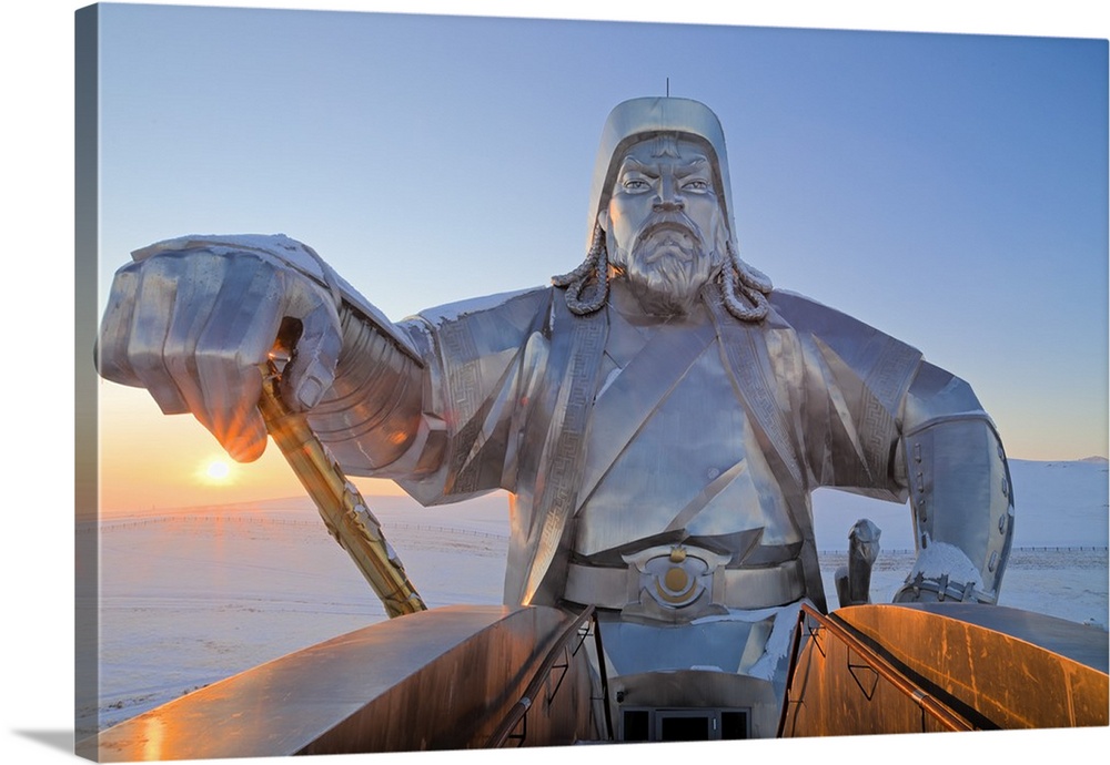 Mongolia, Tov Province, Tsonjin Boldog. A 40m tall statue of Genghis Khan on horseback stands on top of The Genghis Khan S...