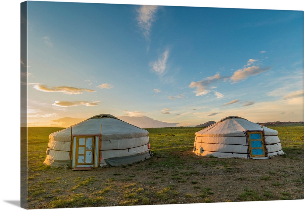 Mongolian Nomadic Traditional Gers At Sunset. Middle Gobi Province, Mongolia.