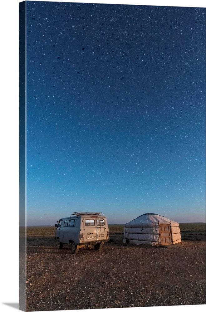 Mongolian Traditional Ger And Soviet Minivan Under A Starry Sky. Ulziit, Middle Gobi Province, Mongolia.