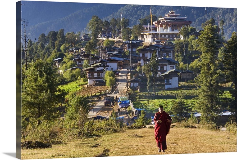 Monk leaving Gangtey Dzong (monastery),