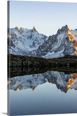 Mont Blanc Massif And Dent Du Geant Mirrored In Lacs Des Cheserys, France