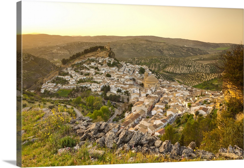 Elevated view over the picturesque village of Montefrio illuminated at sunset, Granada Province, Andalusia, Spain