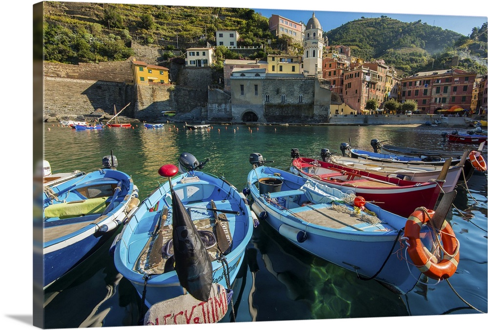 Boats docked in Vernazza Italy Print