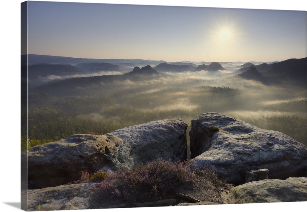 Morning atmosphere in the Elbe Sandstone Mountains, view of the Hintere Raubschlo or Winterstein, fog in the valley, Saxon...