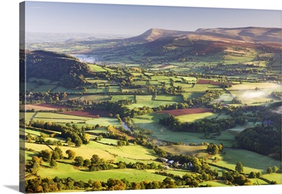 Morning sunshines on the patchwork fields in the Usk Valley, Brecon Beacons, Wales