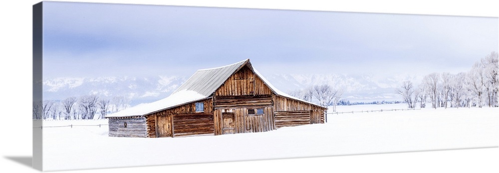 Moulton Barn, Mormon Row in winter with lots of snow, Grand Teton National Park, Wyoming, USA