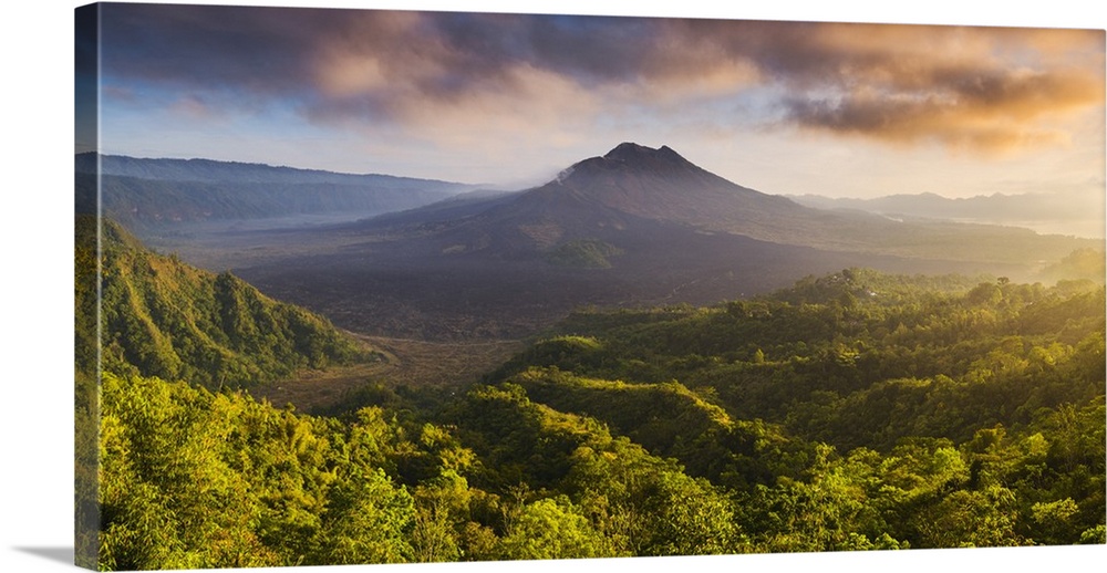 Bali, Indonesia, South East Asia. Panoramic high angle view over the Mount Batur (Gunung Batur) volcano and its caldera's ...