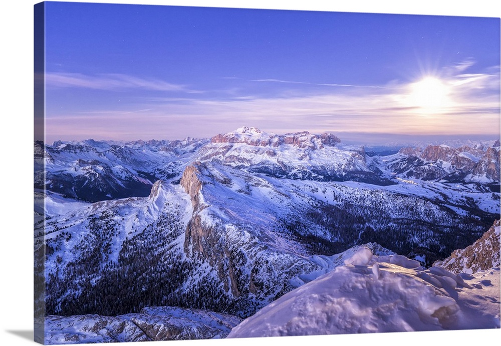 The first light of day meets the full moon, Mount Lagazuoi, Cortina d'Ampezzo, Belluno district, Veneto, Italy.
