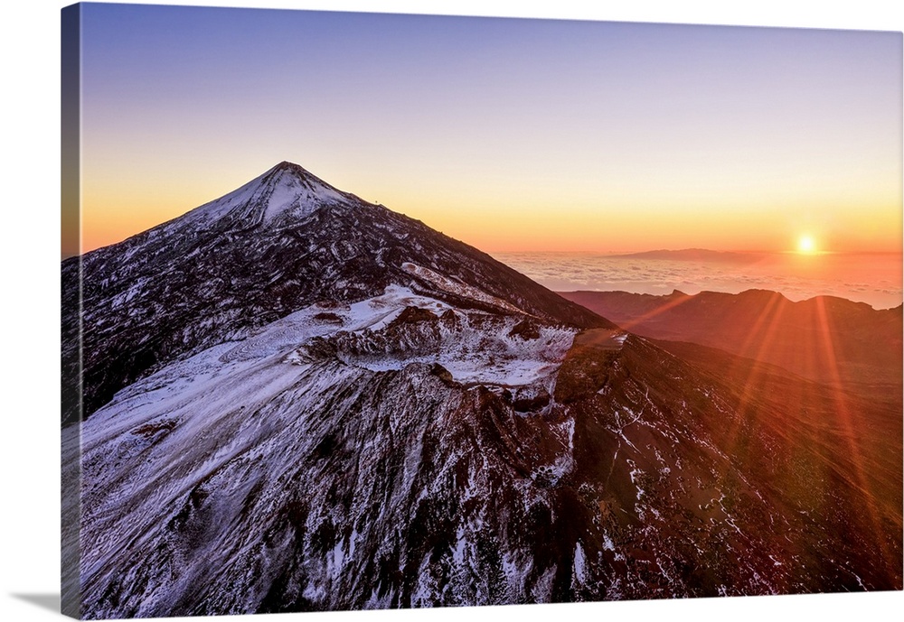Aerial view of mount Teide and the Pico Viejo at sunrise. Teide National Park, Tenerife Canary Islands, Spain