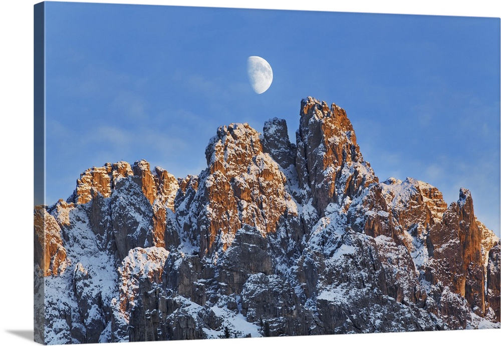 Mountain impression Cadini di Misurina and moon. Italy, Veneto, Belluno, Sexten Dolomites, Lago Antorno. Alps, Dolomites. ...