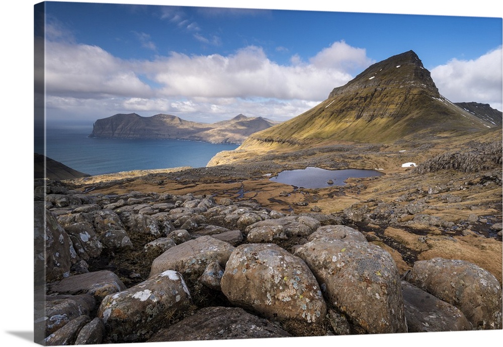Mountain views from the slopes of Sornfelli in the Faroe Islands, Denmark. Spring (April) 2016