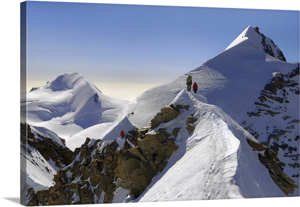 Mountaineers climbing sharp ridge of Crossing of Liskamm, (traversata dei Lyskamm) Monte Rosa, Ayas Valley, Aosta Valley, ...