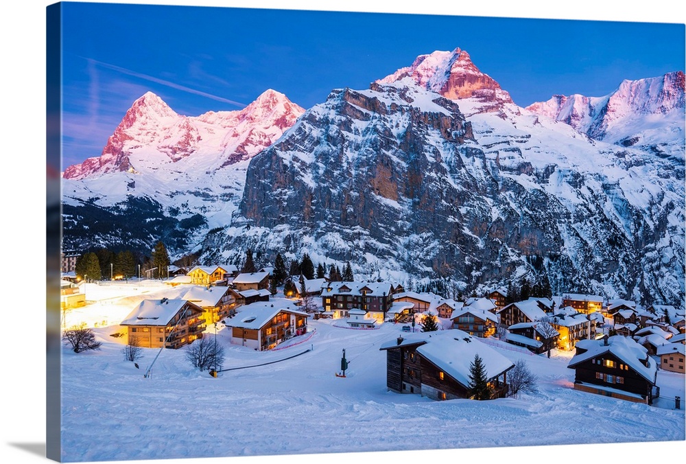 Murren, Berner Oberland, Canton Of Bern, Switzerland, The Village With Eiger, Monch And Jungfrau In The Backdrop At Dusk.
