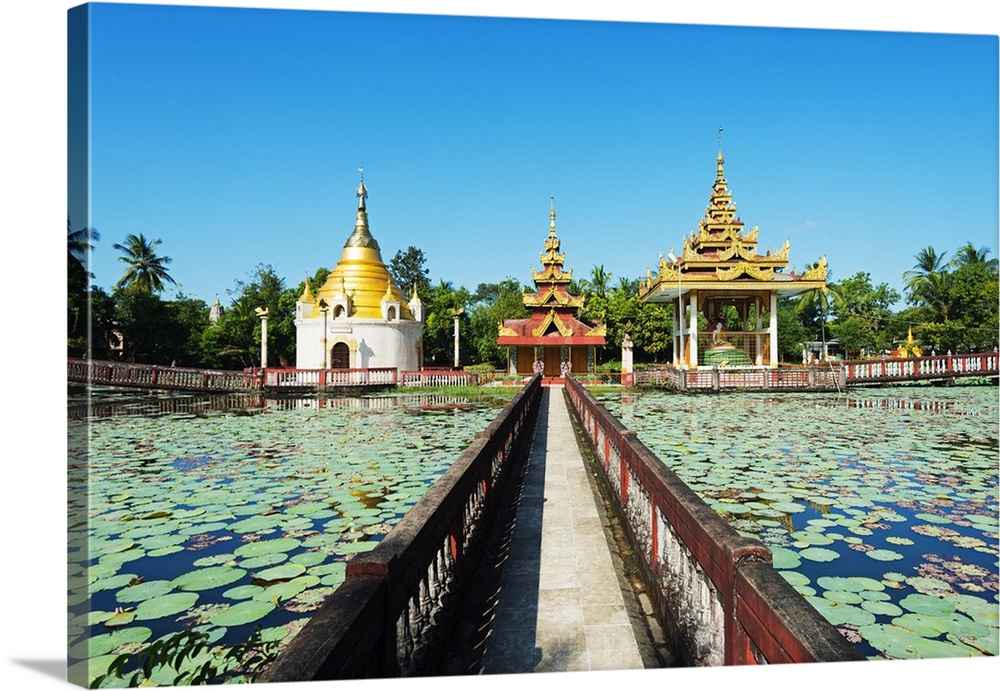 South East Asia, Myanmar, Bago, lakeside pagodas.