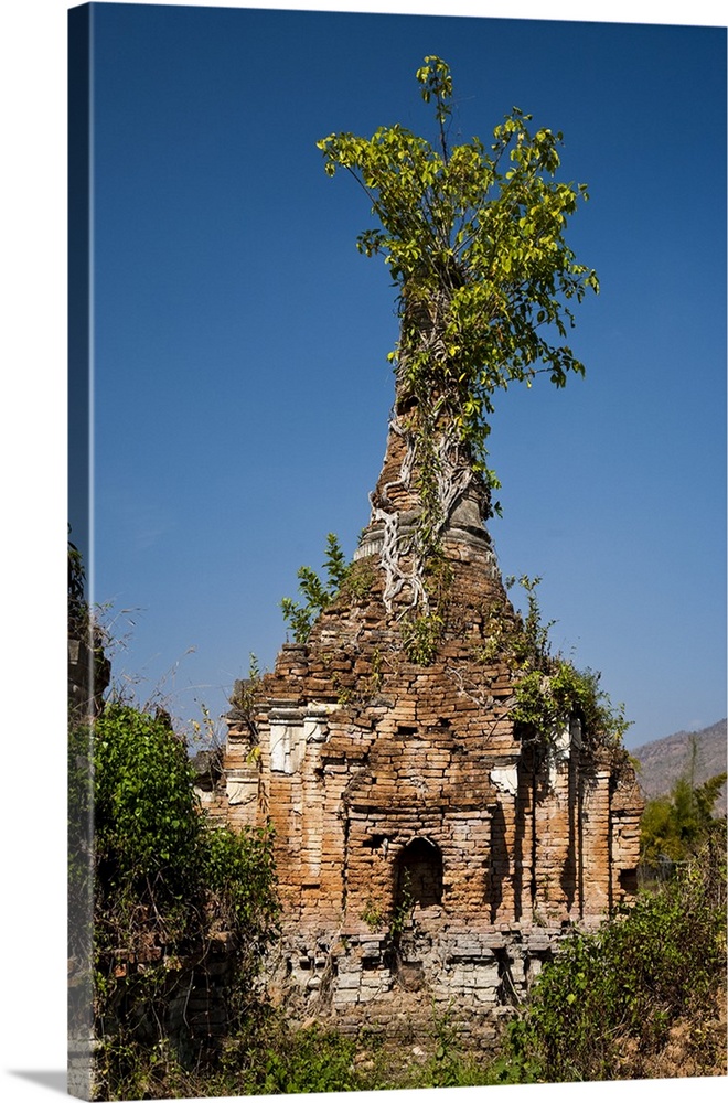 Myanmar, Burma, Inle Lake. The crumbling and unrestored ruins at Sankar, dating back to the 1600s, on the Belu Chaung rive...