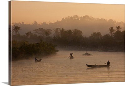 Myanmar, Burma, Mrauk U, Early morning mist rising on the Aungdat Creek