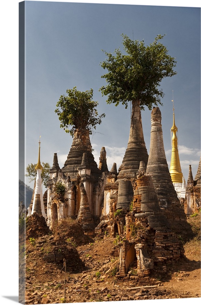 Myanmar, Inle Lake, Indein. West of Ywama village on Inle Lake lie the crumbling ruins of Indein, ancient Buddhist shrines...