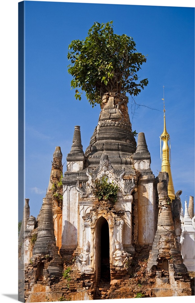 Myanmar, Inle Lake, Indein. West of Ywama village on Inle Lake lie the crumbling ruins of Indein, ancient Buddhist shrines...