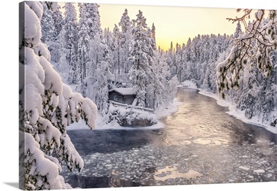 Myllykoski Frozen Rapids And Snowy Mill, Oulanka National Park, Finland