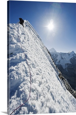 Nepal, Himalayas, Island Peak climber on summit ridge