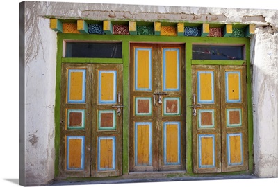 Nepal, Mustang, Brightly painted doors in the ancient capital of Lo Manthang