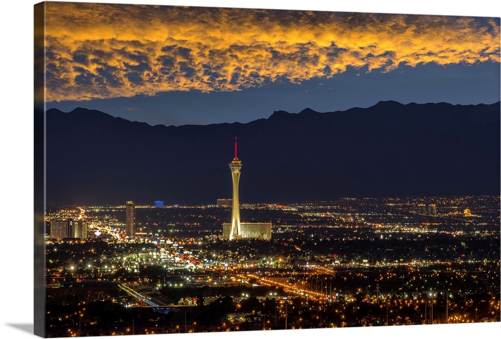 USA, Nevada, Las Vegas, Stratosphere and downtown at night.
