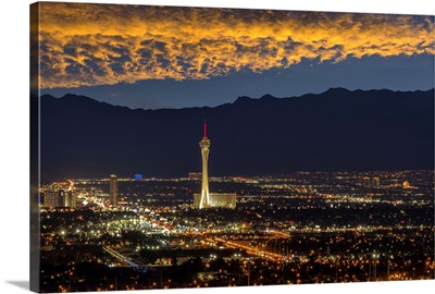 Nevada, Las Vegas, Stratosphere and downtown at night