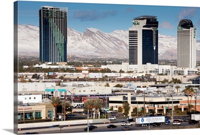Nevada, Las Vegas, view west of Interstate 15 showing snow on mountains, morning